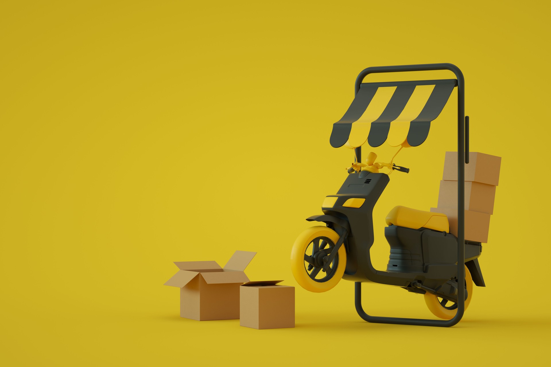 Online shopping, delivery, scooter, motorcycle, supply chain, smart phone mockup, transportation, mobile application, e-commerce